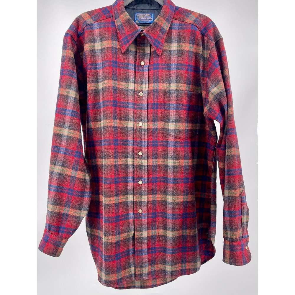 Vintage‎ Pendleton Wool Shirt Mens L Red Plaid Virgin Wool USA Flaws